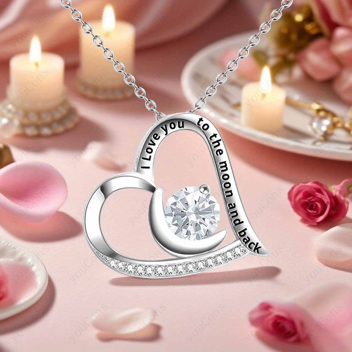 Exquisite White Cubic Zirconia Heart Crescent Pendant Necklace